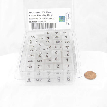 WCXPF0601E50 Clear Frosted Dice with Black Numbers D6 Aprox 16mm (5/8in) Pack of 50 (ONLINE ORDER ONLY)