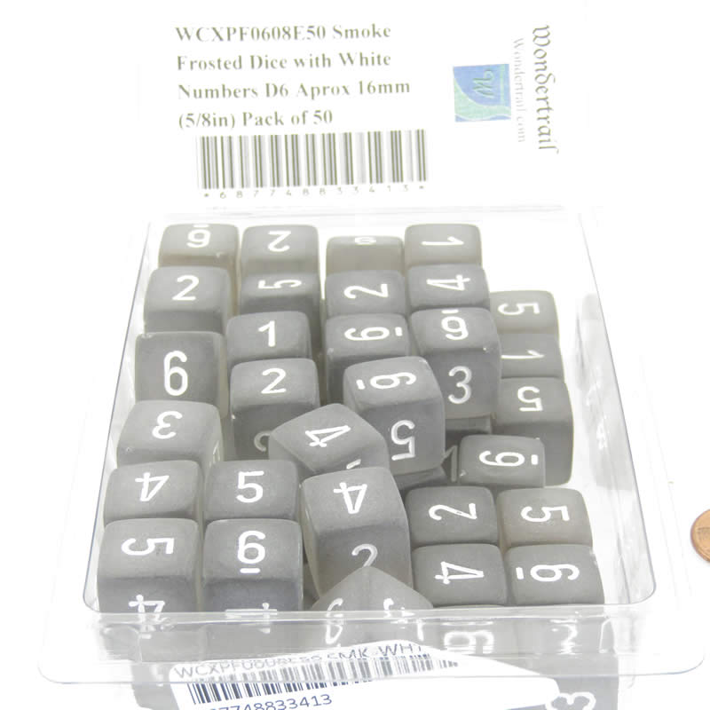 WCXPF0608E50 Smoke Frosted Dice with White Numbers D6 Aprox 16mm (5/8in) Pack of 50 (ONLINE ORDER ONLY)