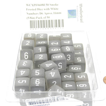 WCXPF0608E50 Smoke Frosted Dice with White Numbers D6 Aprox 16mm (5/8in) Pack of 50 (ONLINE ORDER ONLY)