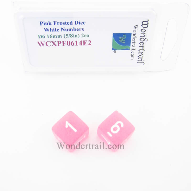WCXPF0614E2 Pink Frosted Dice White Numbers D6 16mm Pack of 2 (ONLINE ORDER ONLY)