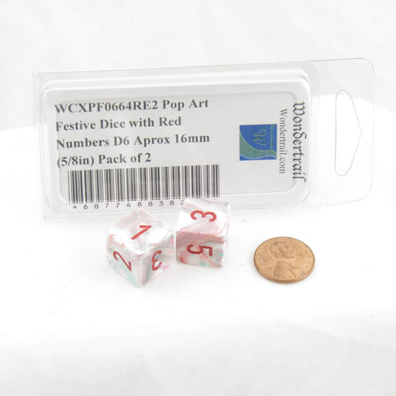 WCXPF0664RE2 Pop Art Festive Dice with Red Numbers D6 Aprox 16mm (5/8in) Pack of 2 (ONLINE ORDER ONLY)