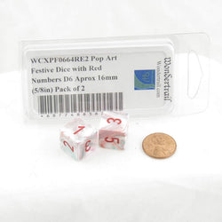 WCXPF0664RE2 Pop Art Festive Dice with Red Numbers D6 Aprox 16mm (5/8in) Pack of 2 (ONLINE ORDER ONLY)