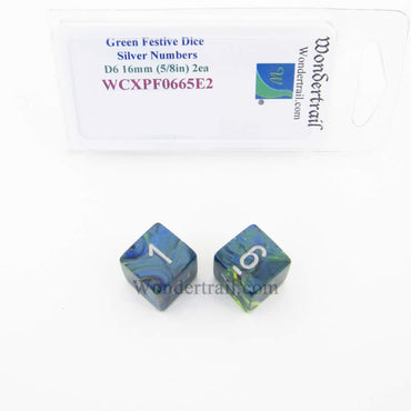 WCXPF0665E2 Green Festive Dice Silver Numbers D6 16mm Pack of 2 (ONLINE ORDER ONLY)