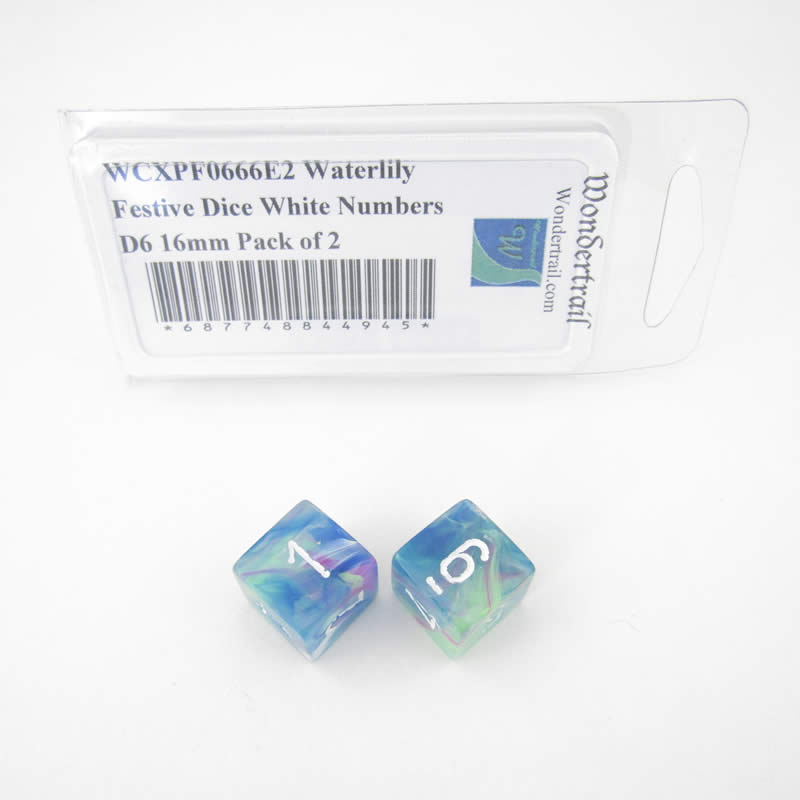 WCXPF0666E2 Waterlily Festive Dice White Numbers D6 16mm Pack of 2 (ONLINE ORDER ONLY)