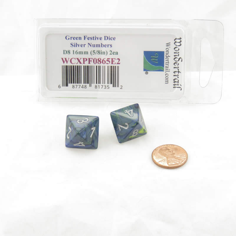 WCXPF0865E2 Green Festive Dice Silver Numbers D8 16mm Pack of 2 (ONLINE ORDER ONLY)