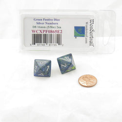 WCXPF0865E2 Green Festive Dice Silver Numbers D8 16mm Pack of 2 (ONLINE ORDER ONLY)