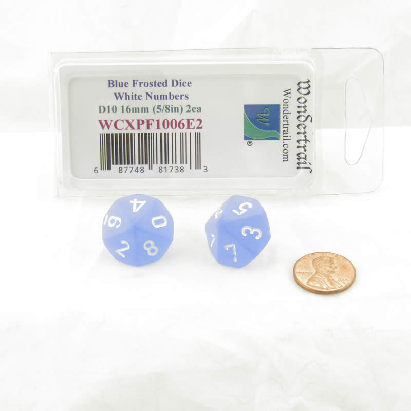 WCXPF1006E2 Blue Frosted Dice White Numbers D10 16mm Pack of 2 (ONLINE ORDER ONLY)