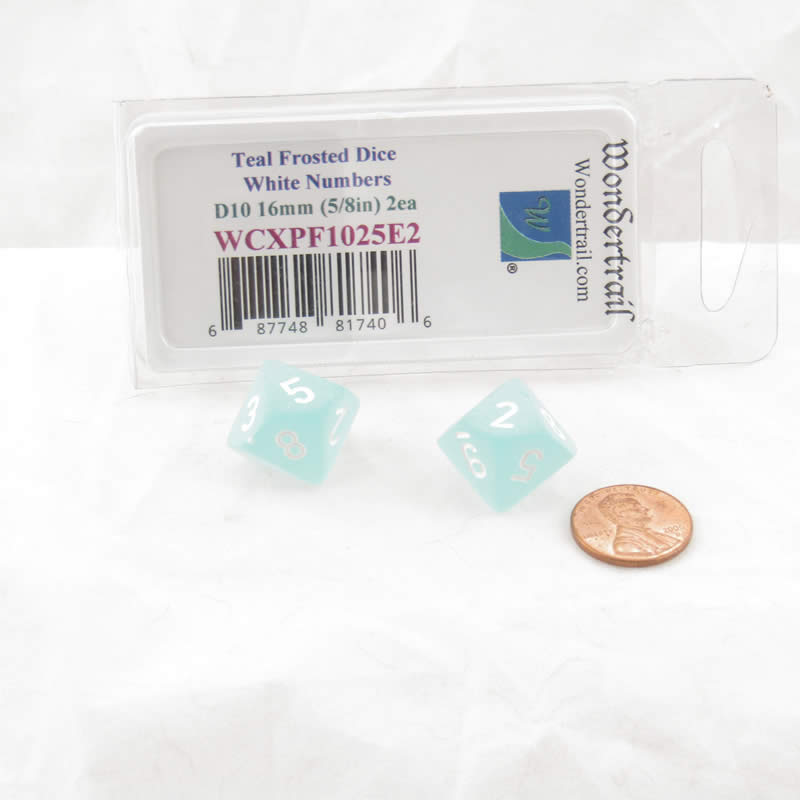 WCXPF1025E2 Teal Frosted Dice White Numbers D10 16mm Pack of 2 (ONLINE ORDER ONLY)