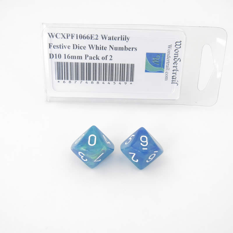 WCXPF1066E2 Waterlily Festive Dice White Numbers D10 16mm Pack of 2 (ONLINE ORDER ONLY)