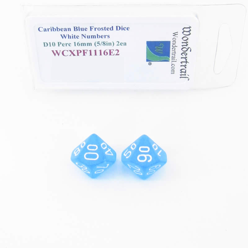 WCXPF1116E2 Caribbean Blue Frosted Dice White Numbers D10 Perc 16mm Pack of 2 (ONLINE ORDER ONLY)