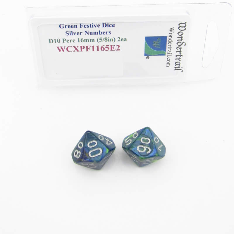 WCXPF1165E2 Green Festive Dice Silver Numbers D10 Perc 16mm Pack of 2 (ONLINE ORDER ONLY)