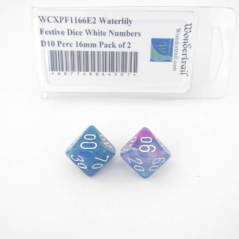 WCXPF1166E2 Waterlily Festive Dice White Numbers D10 Perc 16mm Pack of 2 (ONLINE ORDER ONLY)