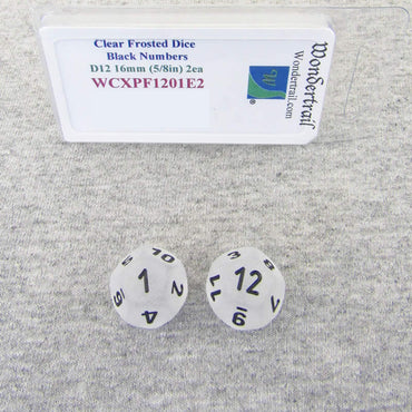 WCXPF1201E2 Clear Frosted Dice Black Numbers D12 16mm Pack of 2 (ONLINE ORDER ONLY)