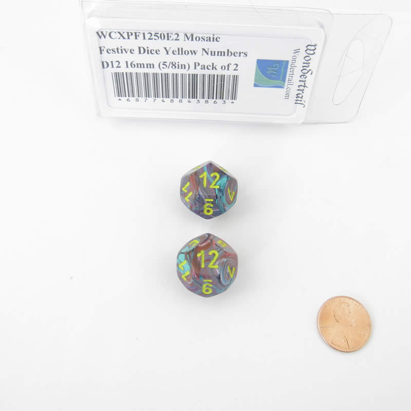 WCXPF1250E2 Mosaic Festive Dice Yellow Numbers D12 16mm (5/8in) Pack of 2 (ONLINE ORDER ONLY)
