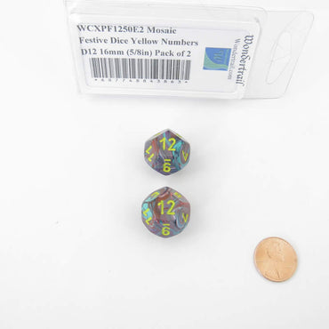 WCXPF1250E2 Mosaic Festive Dice Yellow Numbers D12 16mm (5/8in) Pack of 2 (ONLINE ORDER ONLY)