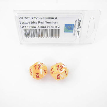 WCXPF1253E2 Sunburst Festive Dice Red Numbers D12 16mm (5/8in) Pack of 2 (ONLINE ORDER ONLY)