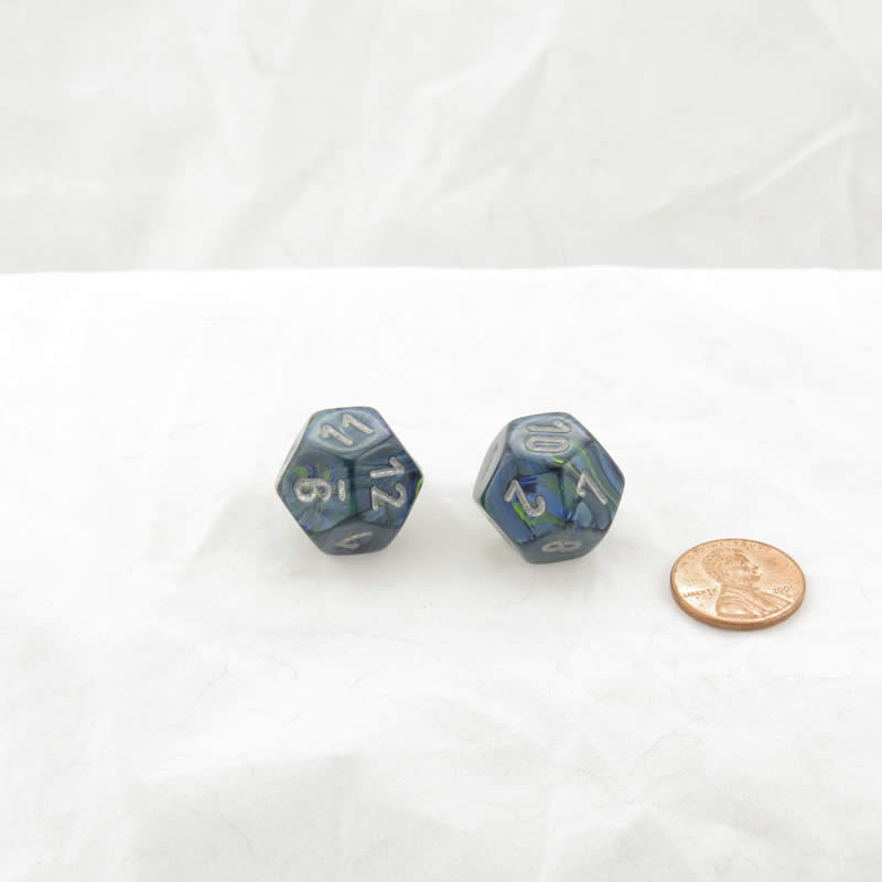 WCXPF1265E2 Green Festive Dice Silver Numbers D12 16mm Pack of 2 (ONLINE ORDER ONLY)