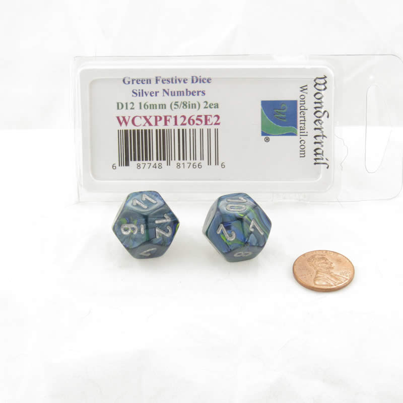 WCXPF1265E2 Green Festive Dice Silver Numbers D12 16mm Pack of 2 (ONLINE ORDER ONLY)