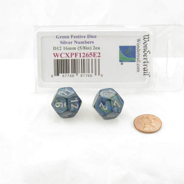 WCXPF1265E2 Green Festive Dice Silver Numbers D12 16mm Pack of 2 (ONLINE ORDER ONLY)