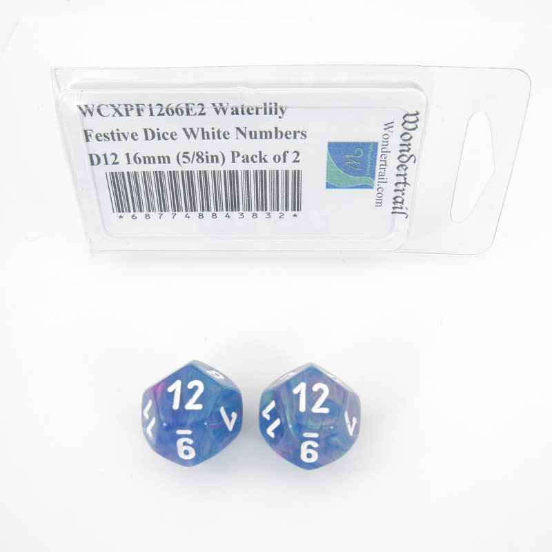 WCXPF1266E2 Waterlily Festive Dice White Numbers D12 16mm (5/8in) Pack of 2 (ONLINE ORDER ONLY)