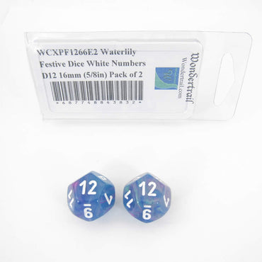 WCXPF1266E2 Waterlily Festive Dice White Numbers D12 16mm (5/8in) Pack of 2 (ONLINE ORDER ONLY)