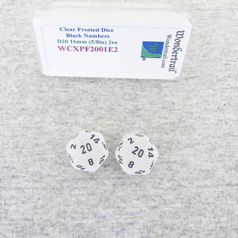 WCXPF2001E2 Clear Frosted Dice Black Numbers D20 16mm Pack of 2 (ONLINE ORDER ONLY)