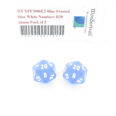 WCXPF2006E2 Blue Frosted Dice White Numbers D20 16mm Pack of 2 (ONLINE ORDER ONLY)