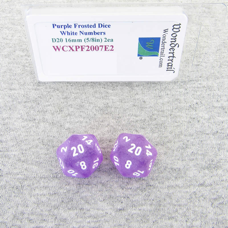 WCXPF2007E2 Purple Frosted Dice White Numbers D20 16mm Pack of 2 (ONLINE ORDER ONLY)