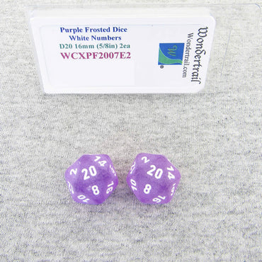WCXPF2007E2 Purple Frosted Dice White Numbers D20 16mm Pack of 2 (ONLINE ORDER ONLY)