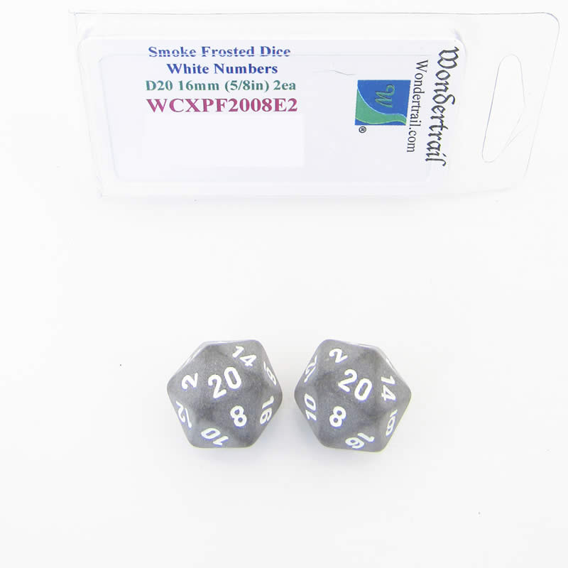 WCXPF2008E2 Smoke Frosted Dice White Numbers D20 16mm Pack of 2 (ONLINE ORDER ONLY)