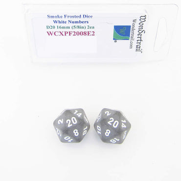 WCXPF2008E2 Smoke Frosted Dice White Numbers D20 16mm Pack of 2 (ONLINE ORDER ONLY)