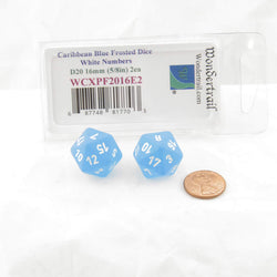 WCXPF2016E2 Caribbean Blue Frosted Dice White Numbers D20 16mm Pack of 2 (ONLINE ORDER ONLY)
