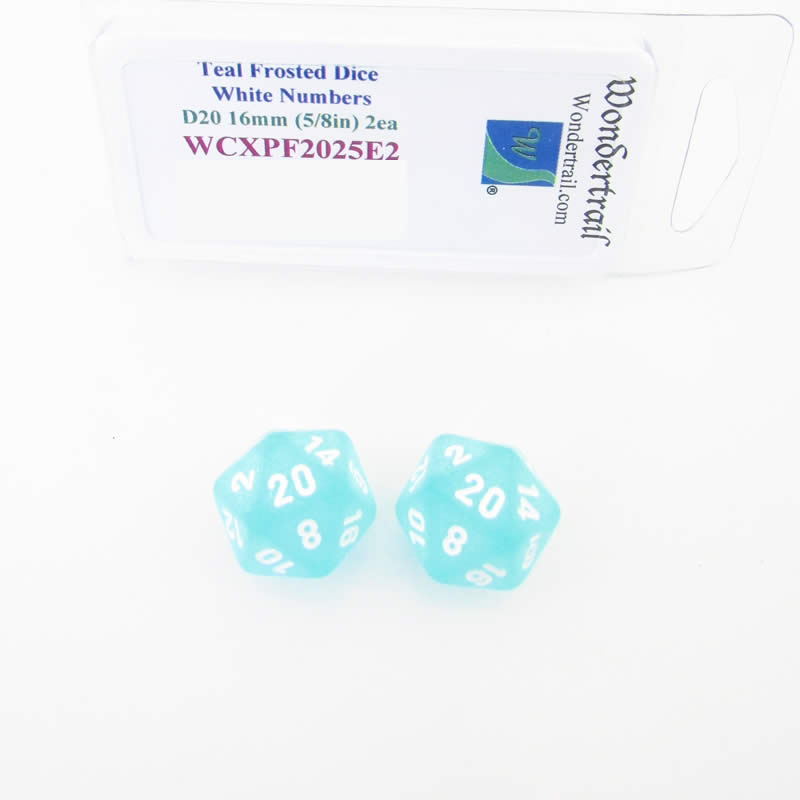 WCXPF2025E2 Teal Frosted Dice White Numbers D20 16mm Pack of 2 (ONLINE ORDER ONLY)