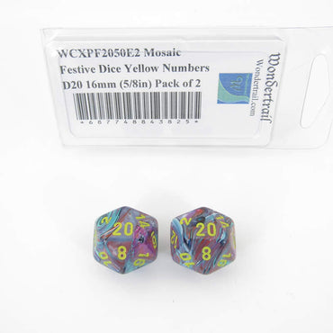 WCXPF2050E2 Mosaic Festive Dice Yellow Numbers D20 16mm (5/8in) Pack of 2 (ONLINE ORDER ONLY)