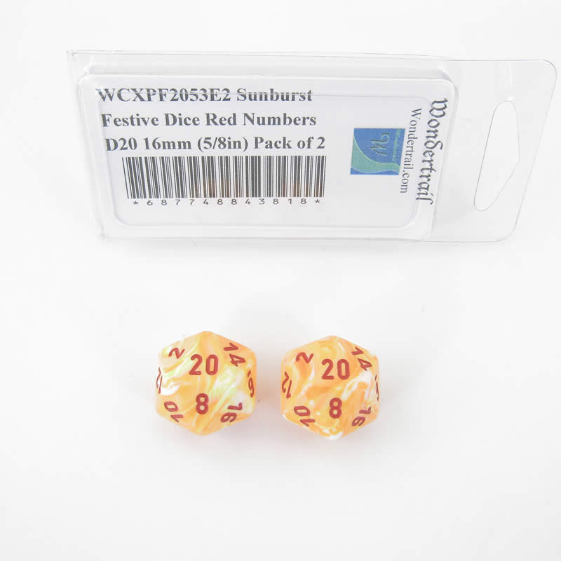 WCXPF2053E2 Sunburst Festive Dice Red Numbers D20 16mm (5/8in) Pack of 2 (ONLINE ORDER ONLY)