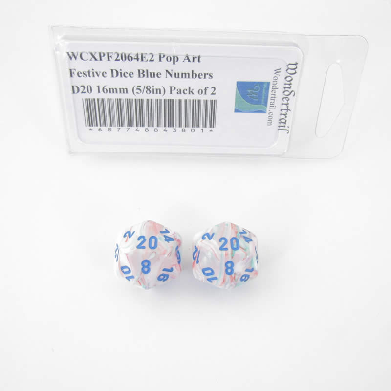 WCXPF2064E2 Pop Art Festive Dice Blue Numbers D20 16mm (5/8in) Pack of 2 (ONLINE ORDER ONLY)