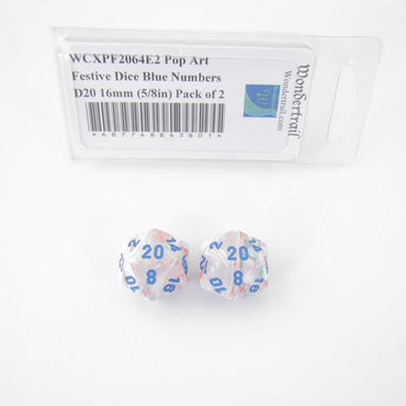 WCXPF2064E2 Pop Art Festive Dice Blue Numbers D20 16mm (5/8in) Pack of 2 (ONLINE ORDER ONLY)