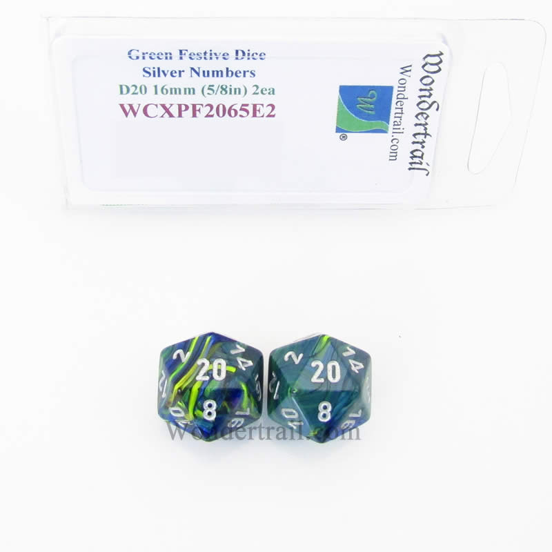 WCXPF2065E2 Green Festive Dice Silver Numbers D20 16mm Pack of 2 (ONLINE ORDER ONLY)