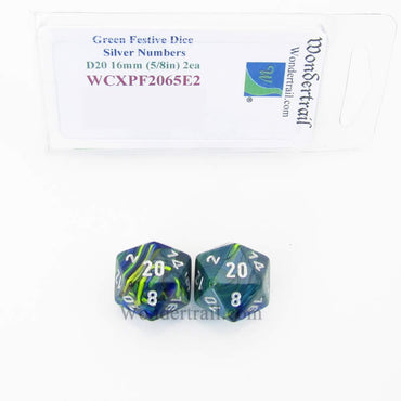 WCXPF2065E2 Green Festive Dice Silver Numbers D20 16mm Pack of 2 (ONLINE ORDER ONLY)