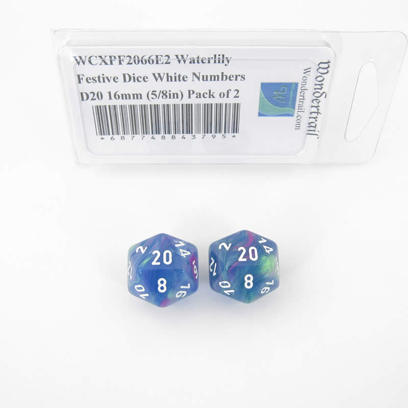 WCXPF2066E2 Waterlily Festive Dice White Numbers D20 16mm (5/8in) Pack of 2 (ONLINE ORDER ONLY)