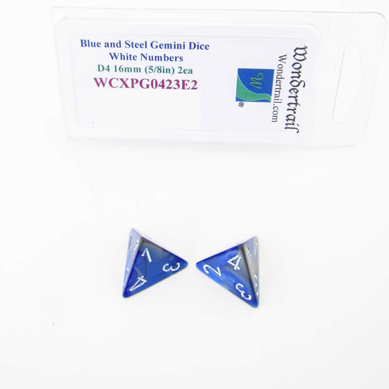 WCXPG0423E2 Blue Steel Gemini Dice White Numbers D4 16mm Pack of 2 (ONLINE ORDER ONLY)