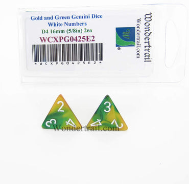 WCXPG0425E2 Gold Green Gemini Dice White Numbers D4 16mm Pack of 2 (ONLINE ORDER ONLY)