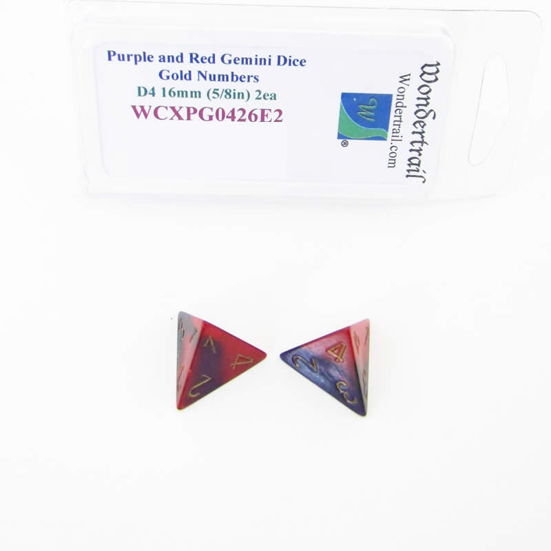 WCXPG0426E2 Purple Red Gemini Dice Gold Numbers D4 16mm Pack of 2 (ONLINE ORDER ONLY)