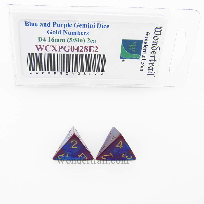 WCXPG0428E2 Blue Purple Gemini Dice Gold Numbers D4 16mm Pack of 2 (ONLINE ORDER ONLY)