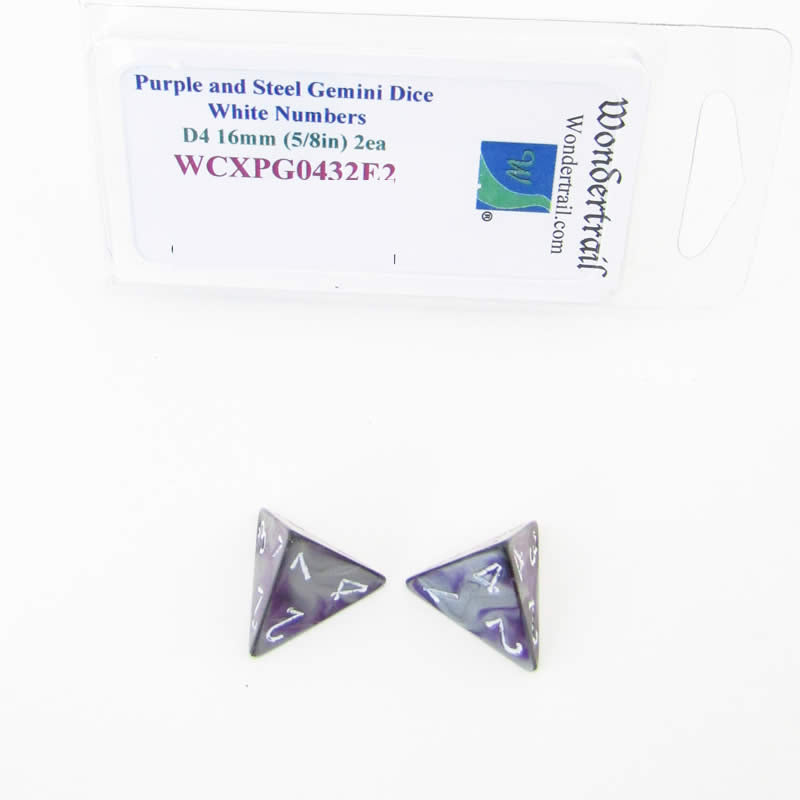 WCXPG0432E2 Purple Steel Gemini Dice White Numbers D4 16mm Pack of 2 (ONLINE ORDER ONLY)