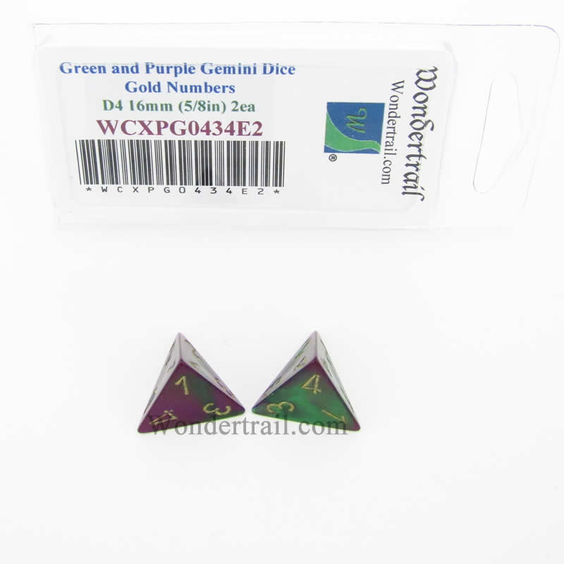 WCXPG0434E2 Green Purple Gemini Dice Gold Numbers D4 16mm Pack of 2 (ONLINE ORDER ONLY)