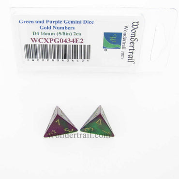 WCXPG0434E2 Green Purple Gemini Dice Gold Numbers D4 16mm Pack of 2 (ONLINE ORDER ONLY)