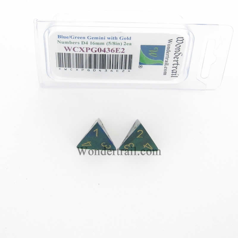WCXPG0436E2 Blue Green Gemini Dice Gold Numbers D4 16mm Pack of 2 (ONLINE ORDER ONLY)