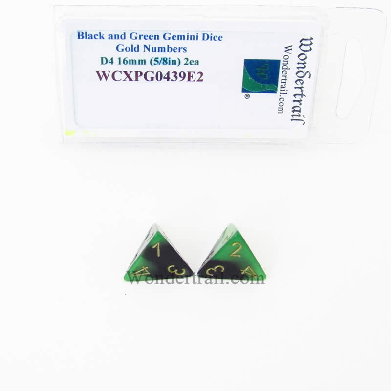 WCXPG0439E2 Black Green Gemini Dice Gold Numbers D4 16mm Pack of 2 (ONLINE ORDER ONLY)