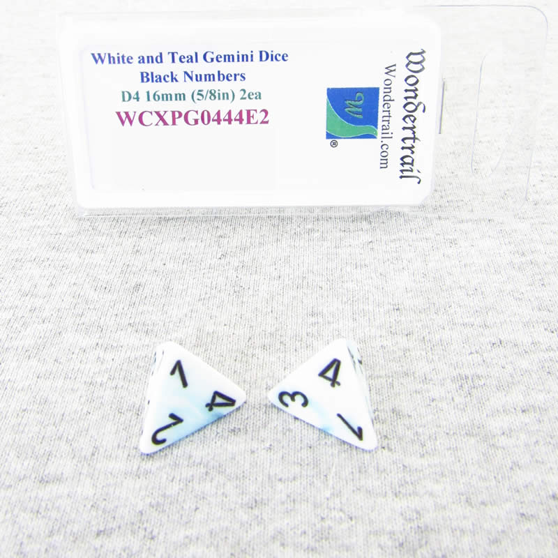 WCXPG0444E2 White Teal Gemini Dice Black Numbers D4 16mm Pack of 2 (ONLINE ORDER ONLY)